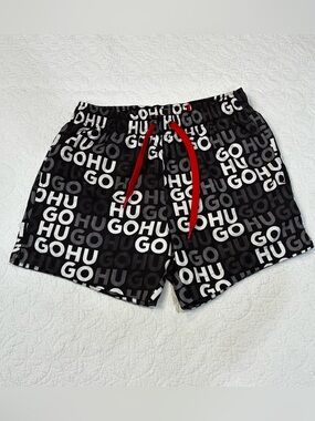 HUGO Boss Mens Swim Trunks Fame Allover Logo Print Board Shorts Black Red S